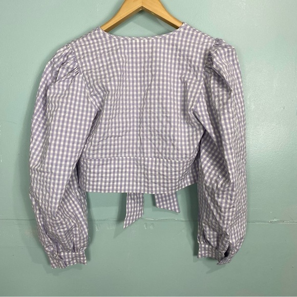 Anthropologie Maeve Gingham Plaid Purple White Front Tie Button Up Cropped Sz 10 - Picture 6 of 6